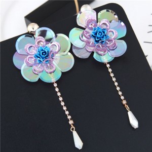 Glistening Flower with Bead Tassel Design Summer Fashion Costume Earrings - Blue