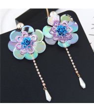 Glistening Flower with Bead Tassel Design Summer Fashion Costume Earrings - Blue