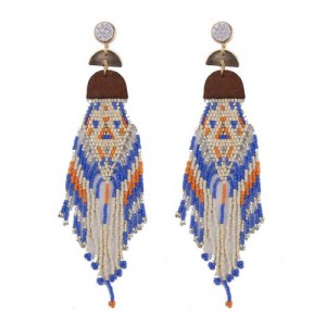 Bohemian Style Beads Tassel Long Earrings - Blue