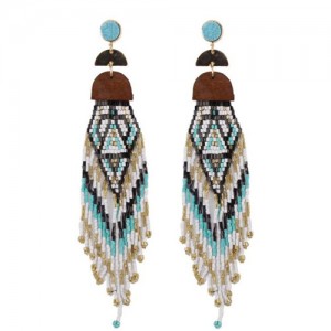 Bohemian Style Beads Tassel Long Earrings - Sky Blue
