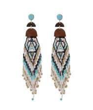 Flower and Leaves Dangling Hoop Chunky Fashion Statement Earrings - Blue