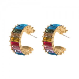 Rhinestone Inlaid Semicircular Earrings - Multicolor