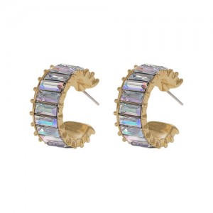 Rhinestone Inlaid Semicircular Earrings - Colorful White