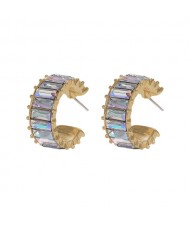Rhinestone Inlaid Semicircular Earrings - Colorful White