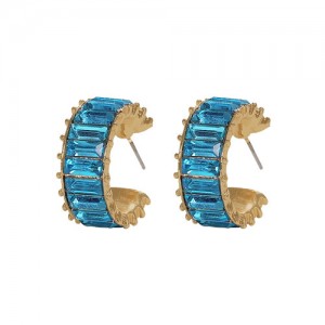 Rhinestone Inlaid Semicircular Earrings - Blue