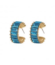 Rhinestone Inlaid Semicircular Earrings - Blue
