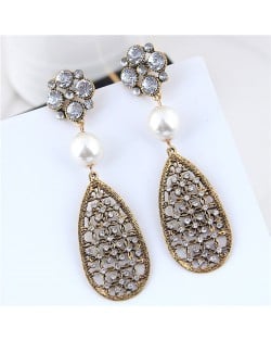 Pearl and Rhinestone Inlaid Vintage Dangling Hollow Waterdrop Design Women Statement Earrings - White