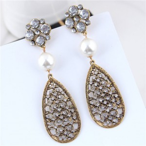 Pearl and Rhinestone Inlaid Vintage Dangling Hollow Waterdrop Design Women Statement Earrings - White