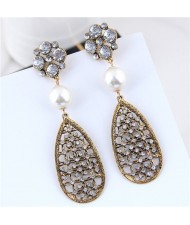 Pearl and Rhinestone Inlaid Vintage Dangling Hollow Waterdrop Design Women Statement Earrings - White