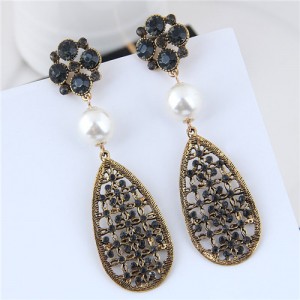 Pearl and Rhinestone Inlaid Vintage Dangling Hollow Waterdrop Design Women Statement Earrings - Black