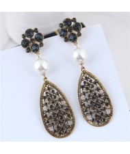 Pearl and Rhinestone Inlaid Vintage Dangling Hollow Waterdrop Design Women Statement Earrings - Black