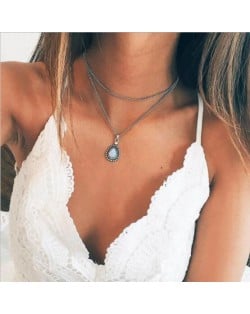 Vintage Waterdrop Pendant Dual Layers Women Fashion Statement Necklace