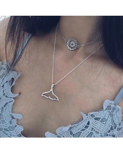 Sunflower and Hanger Pendants Dual Layers High Fashion Costume Necklace