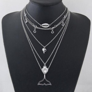 Seashell Coconut Tree and Hanger Pendants Multi-layers Women Fashion Statement Necklace