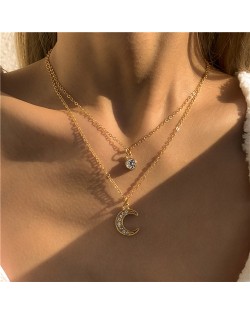 Heart and Moon Pendants Dual Layers Alloy Costume Necklace