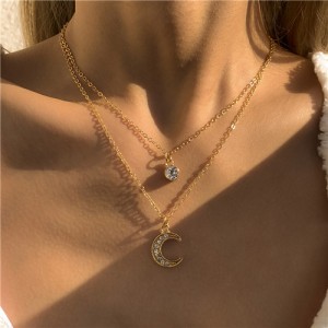 Heart and Moon Pendants Dual Layers Alloy Costume Necklace