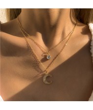 Heart and Moon Pendants Dual Layers Alloy Costume Necklace