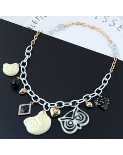 Night-owl and Hearts Pendants Mixed Colors Chunky Chain Design Fashion Statement Necklace 