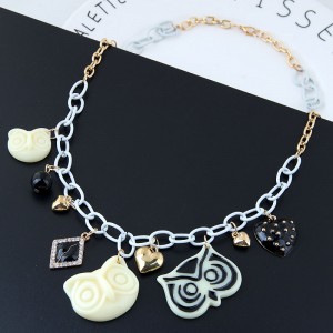 Night-owl and Hearts Pendants Mixed Colors Chunky Chain Design Fashion Statement Necklace 