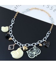 Night-owl and Hearts Pendants Mixed Colors Chunky Chain Design Fashion Statement Necklace