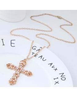 Beads Embellished Golden Alloy Cross Long Chain Fashion Costume Necklace