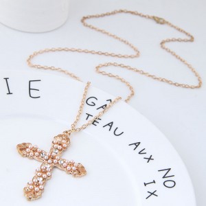 Beads Embellished Golden Alloy Cross Long Chain Fashion Costume Necklace