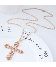 Beads Embellished Golden Alloy Cross Long Chain Fashion Costume Necklace