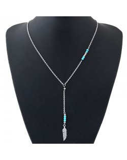 Silver Leaf Pendant with Beads Decorated High Fashion Costume Necklace