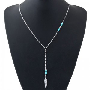 Silver Leaf Pendant with Beads Decorated High Fashion Costume Necklace