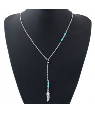Silver Leaf Pendant with Beads Decorated High Fashion Costume Necklace