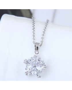 Delicate Cubic Zirconia Shining Flower Pendant Korean Fashion Costume Necklace - Silver