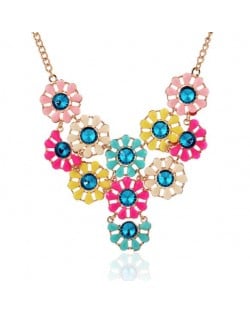 Gem Inlaid Multi-color Flowers Cluster Design High Fashion Costume Short Necklace