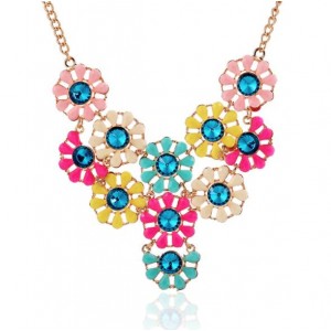 Gem Inlaid Multi-color Flowers Cluster Design High Fashion Costume Short Necklace