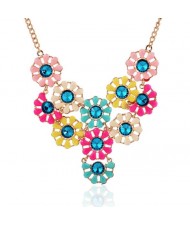 Gem Inlaid Multi-color Flowers Cluster Design High Fashion Costume Short Necklace