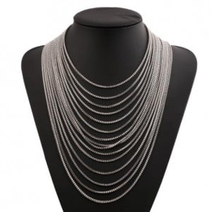 High Fashion Multi-layers Tassel Design Chunky Statement Necklace - Silver