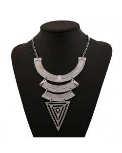 Triple Arches with Hollow Triangle Chunky Pendant High Fashion Costume Necklace - Silver
