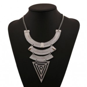 Triple Arches with Hollow Triangle Chunky Pendant High Fashion Costume Necklace - Silver