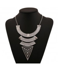 Triple Arches with Hollow Triangle Chunky Pendant High Fashion Costume Necklace - Silver