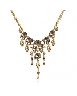 Vintage Skulls Cluster High Fashion Chunky Alloy Costume Necklace - Golden