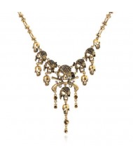 Vintage Skulls Cluster High Fashion Chunky Alloy Costume Necklace - Golden