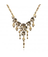 Vintage Skulls Cluster High Fashion Chunky Alloy Costume Necklace - Golden