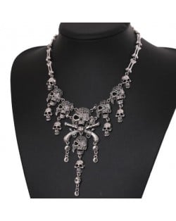 Vintage Skulls Cluster High Fashion Chunky Alloy Costume Necklace - Silver