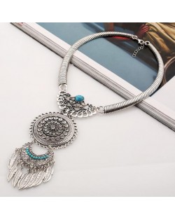 Gem Embellished Floral Sun and Moon Combo with Leaves Tassel Design Fashion Necklace - Silver and Blue