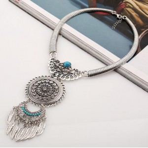 Gem Embellished Floral Sun and Moon Combo with Leaves Tassel Design Fashion Necklace - Silver and Blue