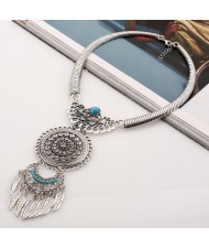 Gem Embellished Floral Sun and Moon Combo with Leaves Tassel Design Fashion Necklace - Silver and Blue
