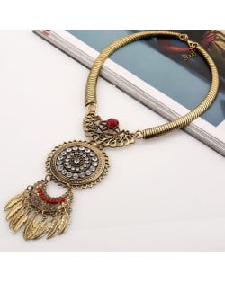 Gem Embellished Floral Sun and Moon Combo with Leaves Tassel Design Fashion Necklace - Golden and Red
