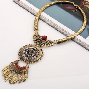 Gem Embellished Floral Sun and Moon Combo with Leaves Tassel Design Fashion Necklace - Golden and Red