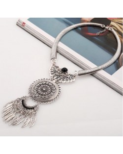 Gem Embellished Floral Sun and Moon Combo with Leaves Tassel Design Fashion Necklace - Silver and Black