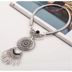 Gem Embellished Floral Sun and Moon Combo with Leaves Tassel Design Fashion Necklace - Silver and Black