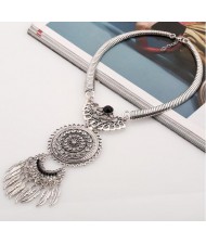 Gem Embellished Floral Sun and Moon Combo with Leaves Tassel Design Fashion Necklace - Silver and Black